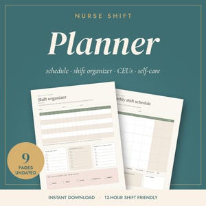 Op de afbeelding: Een verpleegkundige dienstplanner met 9 ongedateerde pagina's, inclusief een dienstorganisator en maandelijks schema. Het document bevat secties voor planningen, nascholing en zelfzorg, ontworpen voor diensten van 12 uur.