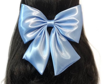 Light blue satin hair bow for women or girls. Large satin hair bow for wedding or prom. Handmade light blue satin fabric hair accessory. Bow