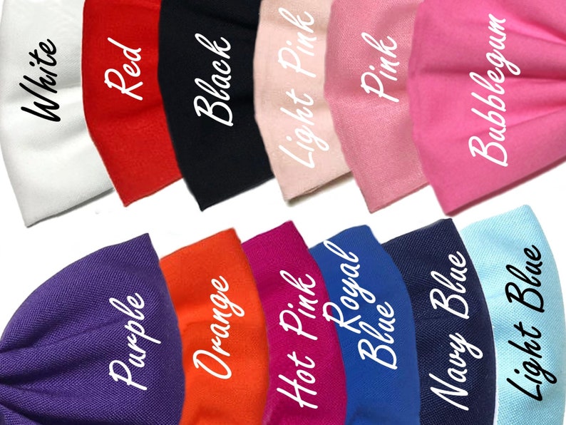 May include: A set of 12 fabric headbands in various colours, including white, red, black, light pink, pink, bubblegum, purple, orange, hot pink, royal blue, navy blue, and light blue. Each headband has a different colour and a white text label with the colour name.