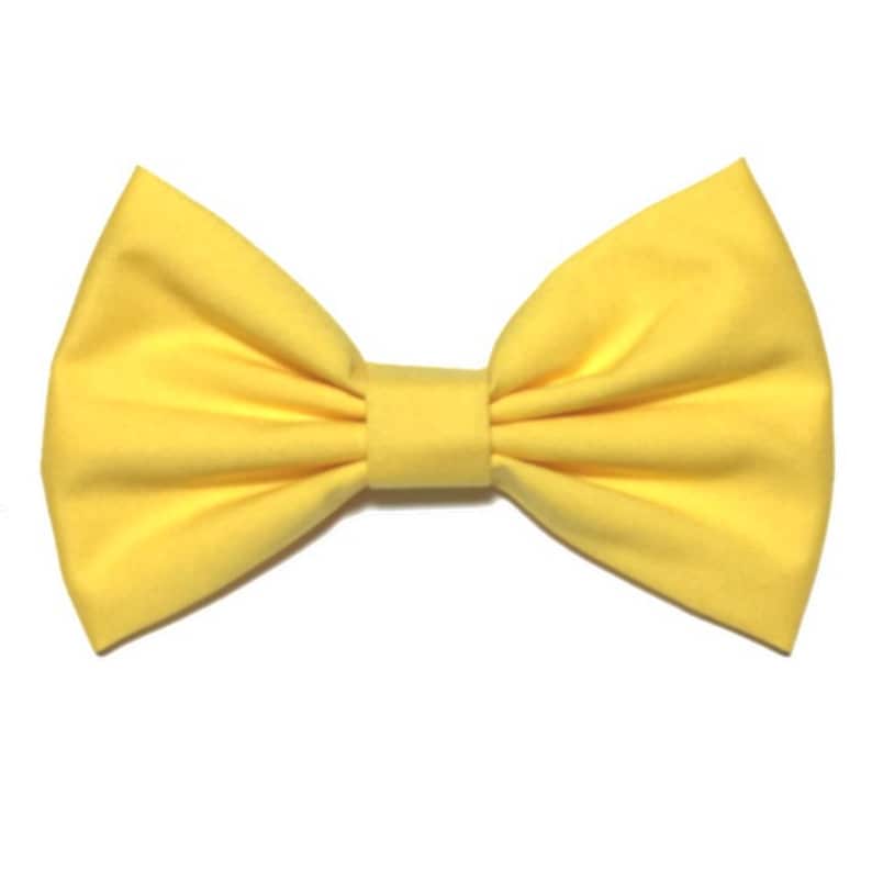 May include: A bright yellow bow tie made of fabric.