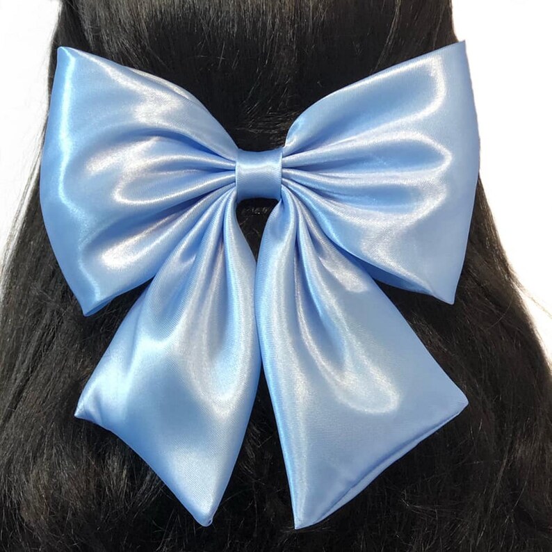 Light blue satin hair bow for women or girls. Large satin hair bow for wedding or prom. Handmade light blue satin fabric hair accessory. Bow image 9