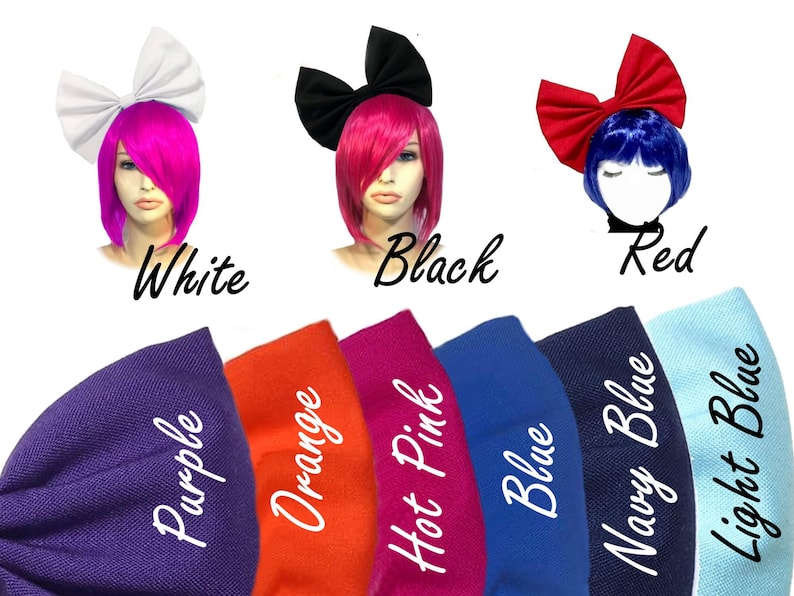May include: A set of ten fabric hair bows in various colours, including white, black, red, purple, orange, hot pink, blue, navy blue, and light blue. The bows are shown on mannequins with pink and blue wigs.