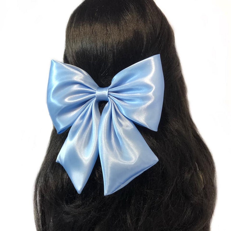 Light blue satin hair bow for women or girls. Large satin hair bow for wedding or prom. Handmade light blue satin fabric hair accessory. Bow image 4