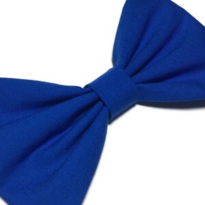 May include: A royal blue fabric bow tie. The bow tie is made of a soft, textured fabric and is tied in a classic bow shape.