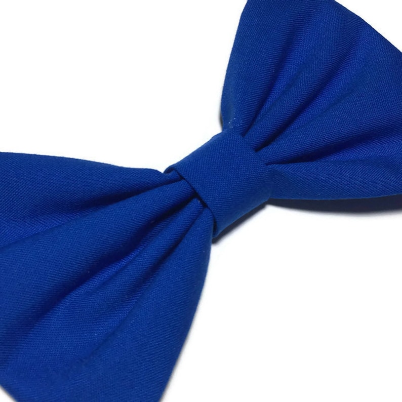May include: A royal blue fabric bow tie. The bow tie is made of a soft, textured fabric and is tied in a classic bow shape.