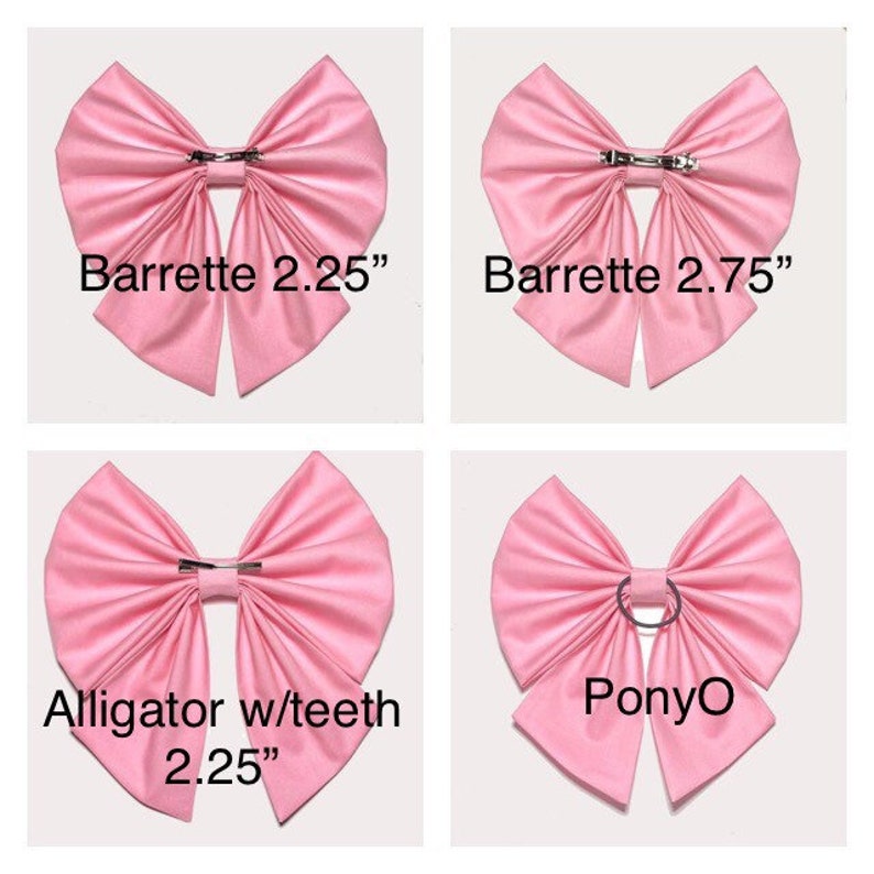 May include: Four pink fabric hair bows with different fasteners. The top left bow is 2.25 inches and has a barrette clip. The top right bow is 2.75 inches and has a barrette clip. The bottom left bow is 2.25 inches and has an alligator clip with teeth. The bottom right bow has a pony O ring.