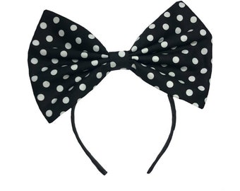 Statement hair bow, Headband bow for girls, Big polka dot hair bow, Black bow headband, Bows for women, Large bows, Black white bow headband