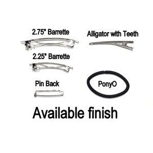 May include: A set of hair accessories including a 2.75 inch barrette, a 2.25 inch barrette, a pin back, an alligator clip with teeth, and a black ponytail holder. The text "PonyO" is printed on the ponytail holder.