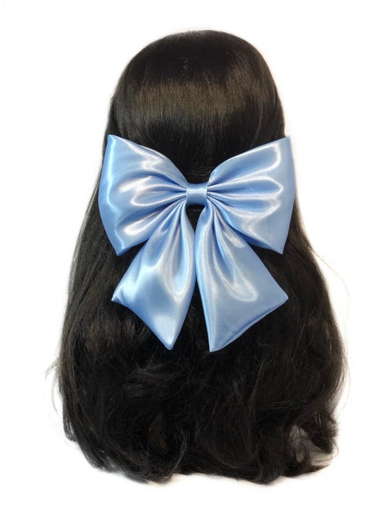 Light blue satin hair bow for women or girls. Large satin hair bow for wedding or prom. Handmade light blue satin fabric hair accessory. Bow image 1