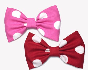 Red Polka Dot Hair Bow, Red Bow Tie, Red Bow Clip, Fabric Bow For Girls, Kawaii Girl Hair Bow, Handmade Hair Bow, Minnie Mouse Bow