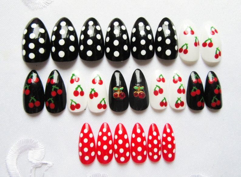 Rockabilly Press on Nails Cherry Fake Nails Stiletto Nails image 3
