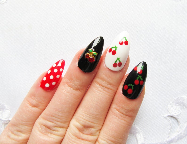 Rockabilly Press on Nails Cherry Fake Nails Stiletto Nails image 0