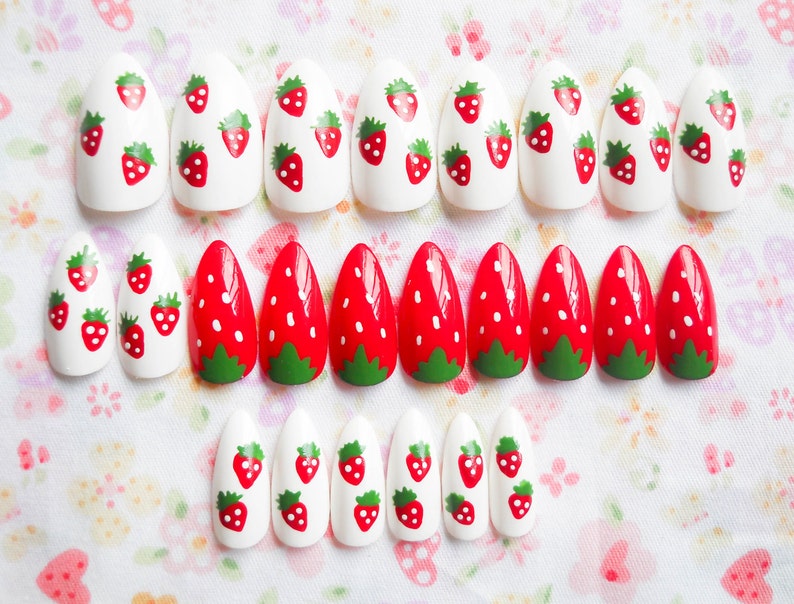 Kawaii Strawberry Nails Fake Nails Stiletto Nails Almond image 1