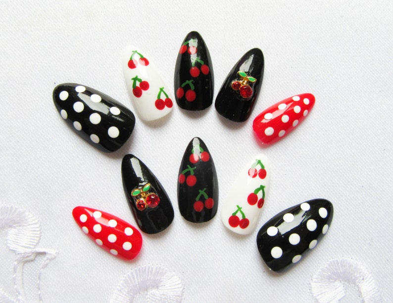 Rockabilly Press on Nails Cherry Fake Nails Stiletto Nails image 1