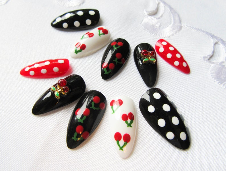 Rockabilly Press on Nails Cherry Fake Nails Stiletto Nails image 2