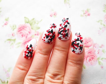 Stiletto Floral rouge ongles, faux ongles, faux ongles, appuyez sur, ongles, ongles en acrylique, ongles d\u0027amande, arbre, Branches, automne, automne