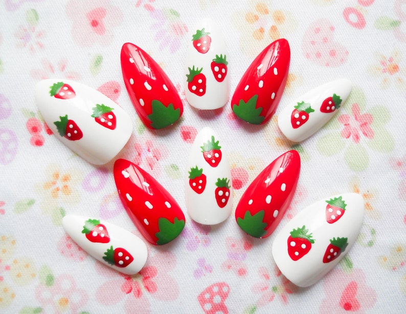 Kawaii Strawberry Nails Fake Nails Stiletto Nails Almond image 0