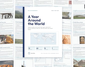 May include: A white educational workbook cover titled A Year Around the World by Owl & Olive Geography. The cover features a world map, text describing the curriculum, and four boxes highlighting 12 countries, 48 weekly lessons, 12 languages, and 1 passport to fill.