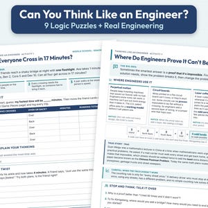 May include: Two educational activity sheets titled Can You Think Like an Engineer? 9 Logic Puzzles + Real Engineering. The pages feature text-based logic problems, tables for tracking trip times, and explanations of engineering concepts.