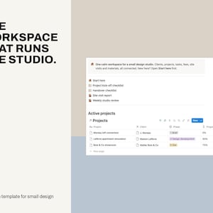 May include: A digital workspace template for design studios featuring the text THE WORKSPACE THAT RUNS THE STUDIO. The interface displays a project management dashboard with lists for checklists, reports, and a table tracking active projects.