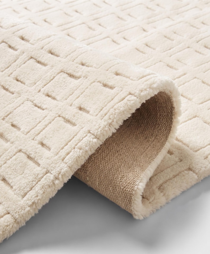 Ivory White Textured Rug, Modern Geometric Hand Tufted Area Rug ...