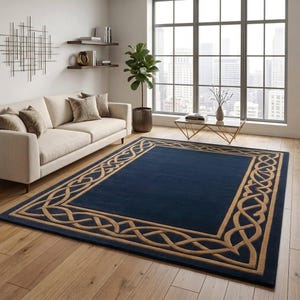 Luxury Navy Blue Wool Rug, Hand Tufted Area Carpet, Beige Celtic Knot Border Rug, Modern Elegant Living Room Rug, Handmade Wool Carpet