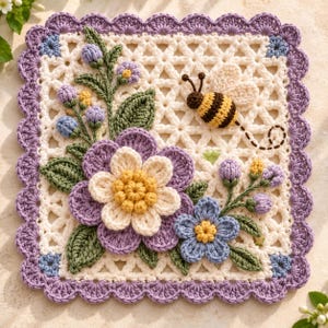 May include: A square crochet doily featuring an off-white lattice pattern with a scalloped purple border. The center is decorated with three-dimensional crocheted purple and blue flowers, green leaves, and a small yellow and black bee.