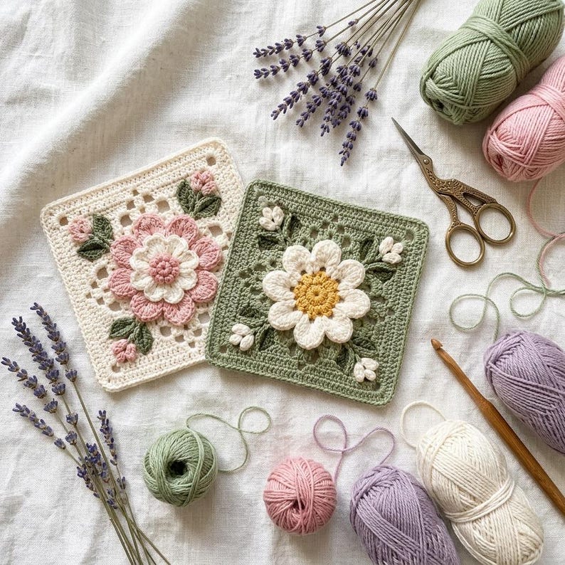 Floral Crochet Granny Square Pattern PDF | 3D Flower Motif Crochet ...