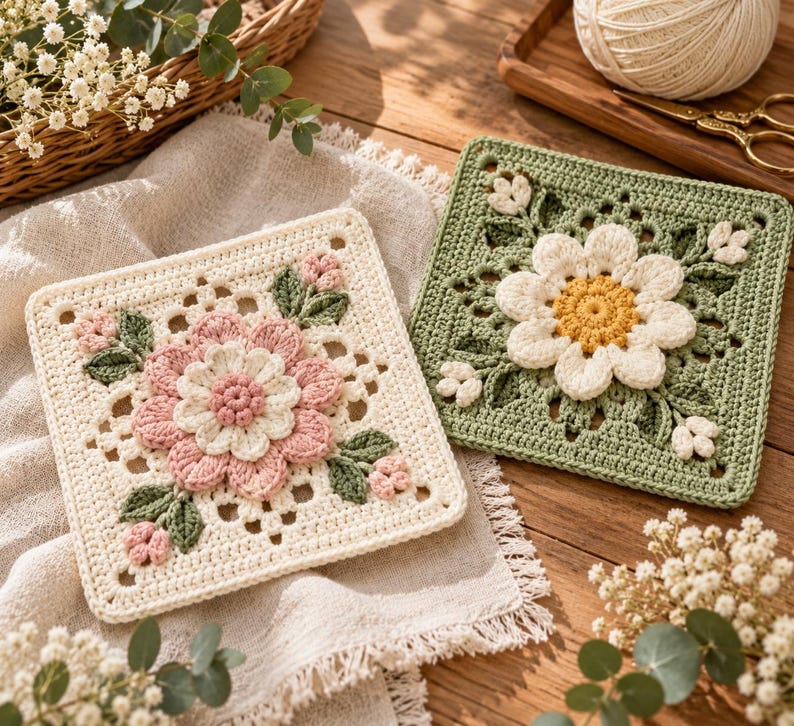 Floral Crochet Granny Square Pattern PDF | 3D Flower Motif Crochet ...