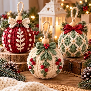 May include: Three spherical crochet ornaments featuring intricate yarn textures. One is deep red with white floral patterns, one is cream with green leaves and red berries, and one is sage green with a white lattice design and small gold beads.