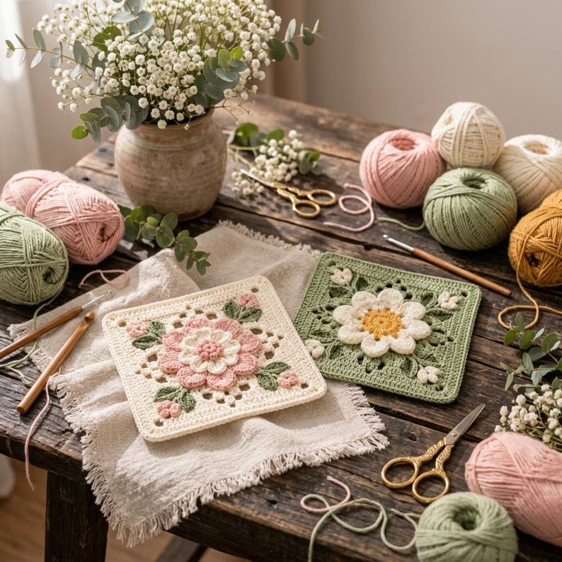 Floral Crochet Granny Square Pattern PDF | 3D Flower Motif Crochet ...