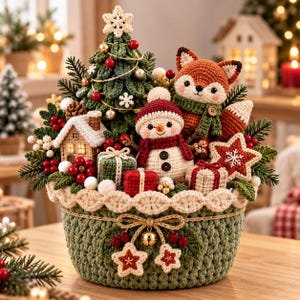 May include: A crochet Christmas basket featuring a green tree, a snowman, a fox, a small house, and gift boxes. The basket is decorated with a bow, a bell, and star ornaments. The arrangement includes red berries, pine branches, and white pom-poms, all crafted with detailed yarn textures in a festive holiday display.