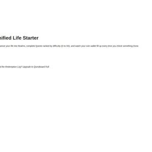 May include: A digital interface titled Questboard Lite — Gamified Life Starter featuring a map icon. The text outlines a system to organize life into realms, complete quests ranked by difficulty, and track a coin wallet. Includes links for Realms, Quests, and a Setup Guide.