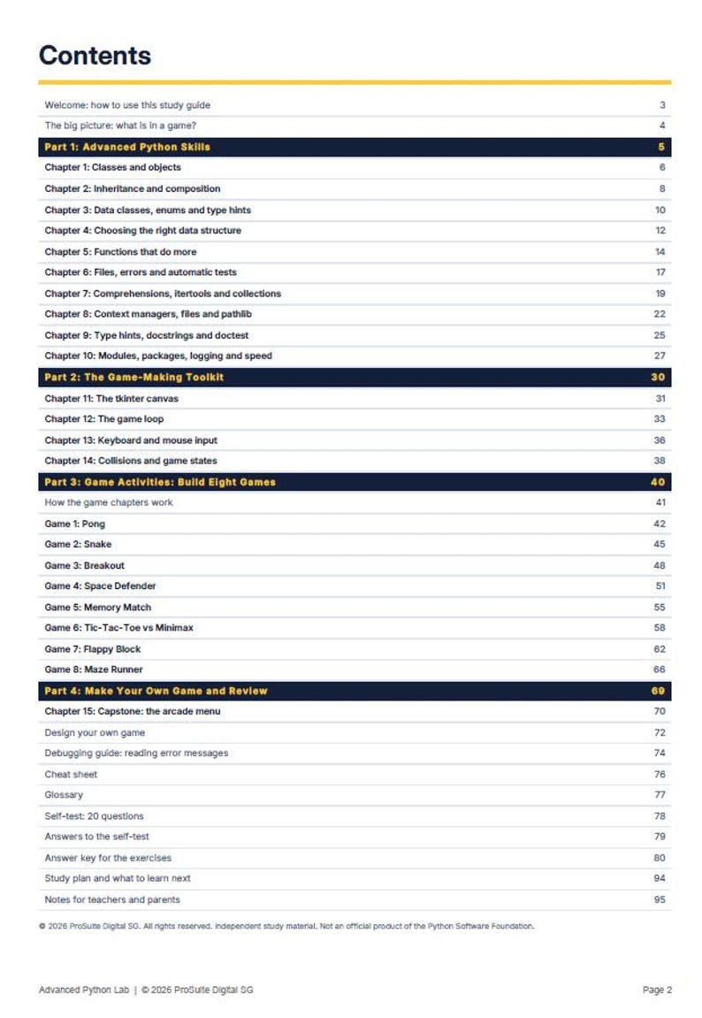 May include: A table of contents page titled Contents, listing four parts and fifteen chapters for a Python study guide. It includes sections on advanced skills, game-making toolkits, eight game projects, and review materials with page numbers.