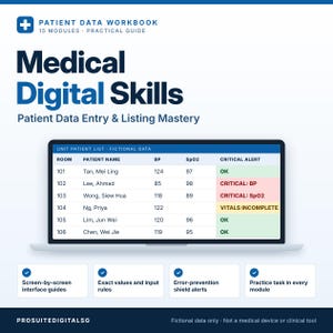 Könnte beinhalten: Ein Patientendaten-Arbeitsbuch mit dem Titel Medical Digital Skills, das einen Laptop-Bildschirm mit einer Patientenliste zeigt, inklusive fiktiver Daten wie Zimmernummern, Namen, Blutdruck, SpO2-Werten und kritischen Statusmeldungen.