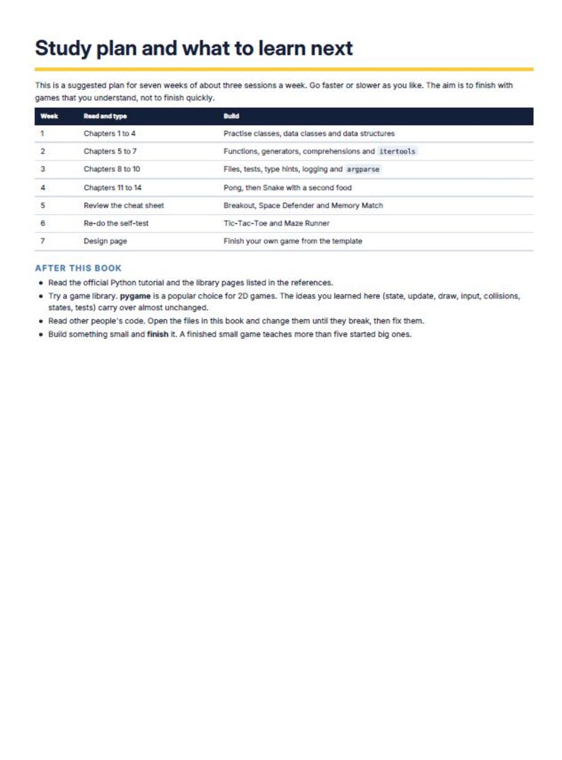 May include: A seven-week study plan table titled Study plan and what to learn next. The table lists weeks one through seven with columns for Read and type and Build, detailing Python chapters and game development projects to complete.