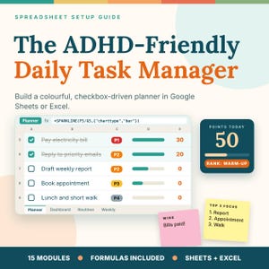 Könnte beinhalten: Eine Tabellenkalkulations-Anleitung mit dem Titel The ADHD-Friendly Daily Task Manager. Sie zeigt eine Aufgabenliste mit Kontrollkästchen, Prioritätslabels, Fortschrittsbalken, einem Punkte-Tracker, einer Notiz für Erfolge und einer Fokus-Liste.