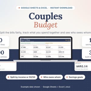 Hoja de cálculo de presupuesto para parejas, división de gastos por ingresos, seguimiento de gastos compartidos, plantilla de Excel para Google Sheets