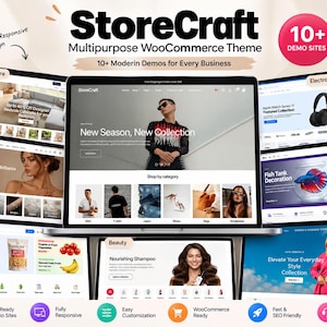 May include: A digital display showing the StoreCraft Multipurpose WooCommerce Theme with 10+ demo sites for various businesses including furniture, electronics, jewelry, pet shop, grocery, beauty, and fashion, featuring web layouts.