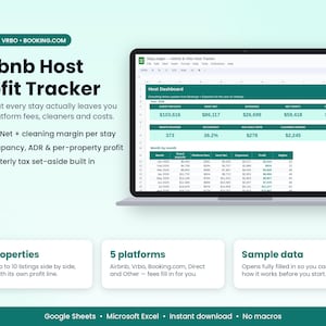 May include: A digital spreadsheet template titled Airbnb Host Profit Tracker displayed on a laptop screen. The interface features a Host Dashboard with financial metrics, including guest payouts, net profit, and expenses for ten properties.