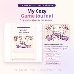 Gemütliches Spieletagebuch zum Ausdrucken | Kawaii-Pixel-Gaming-Planer, Backlog-Tracker, Spielerezensionen & Bingo | 14 Seiten, Rosa & Lila