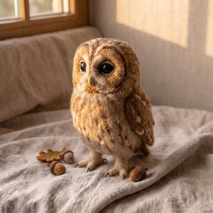 May include: A needle-felted owl figurine crafted from brown and tan wool fibres, featuring large black eyes and a small yellow beak. The owl stands upright, surrounded by three small brown acorns and a single felted oak leaf.