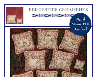 Rote Buchstaben-Ornamente (BRD-060) Kreuzstichvorlage – Digitaler PDF-Download