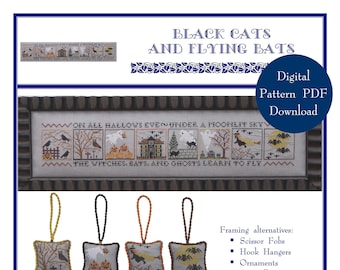 Black Cats and Flying Bats (BRD-085) Cross Stitch Chart – Digital Pattern PDF Download