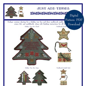 May include: A digital pattern PDF for a needlework project called "Just Add Tinsel". The pattern includes a holiday tree box, a scissor fob, and a needlebook. The image shows the finished needlework pieces, including a green tree with red birds, a star with the word "Pins", a red bird with a needlework pouch, and a needlework pouch with the words "My Needles".