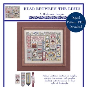 Puede incluir: Un patrón digital PDF para un sampler de punto de cruz titulado "Read Between the Lines". El sampler presenta una variedad de motivos encantadores, que incluyen una casa, un árbol, pájaros y flores. El patrón es de Blue Ribbon Designs y está diseñado por Belinda Karls-Nace.