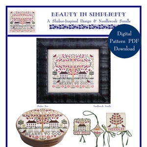 Può includere: Un download di un modello PDF digitale per un ricamo intitolato "Bellezza nella semplicità". Il disegno presenta un albero con mele rosse, due case e il testo "Mani al lavoro, cuori a Dio".