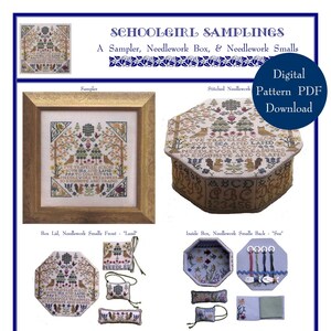 May include: A digital PDF pattern for a needlepoint sampler, box, and smalls. The sampler features a colorful design with the text "I've traveled across both sea and land to collect needlework treasures so exquisite and grand". The box lid features a similar design with the text "I've traveled across both sea and land to collect needlework treasures so exquisite and grand". The box interior features a sea-themed design. The smalls are a "land" and "sea" design.