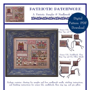 Peut inclure: Un motif numérique PDF pour un sampler patriotique et quatre petits ouvrages d'aiguille. Le sampler présente un schéma de couleurs rouge, blanc et bleu avec une maison, un drapeau et d'autres images patriotiques. Les petits ouvrages d'aiguille comprennent un porte-ciseaux, un livre d'aiguilles, une étiquette de fil à broder et un coussin à épingles. Le motif est de Blue Ribbon Designs et est conçu par Belinda Karls-Nace.