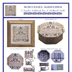 May include: A sampler, needlework box, and needlework smalls with a nature theme. The sampler features a colorful design with the text "I've traveled across both sea and land to collect needlework treasures so exquisite and grand". The needlework box is octagonal and features a similar design to the sampler. The needlework smalls are small, decorative pieces of needlework.